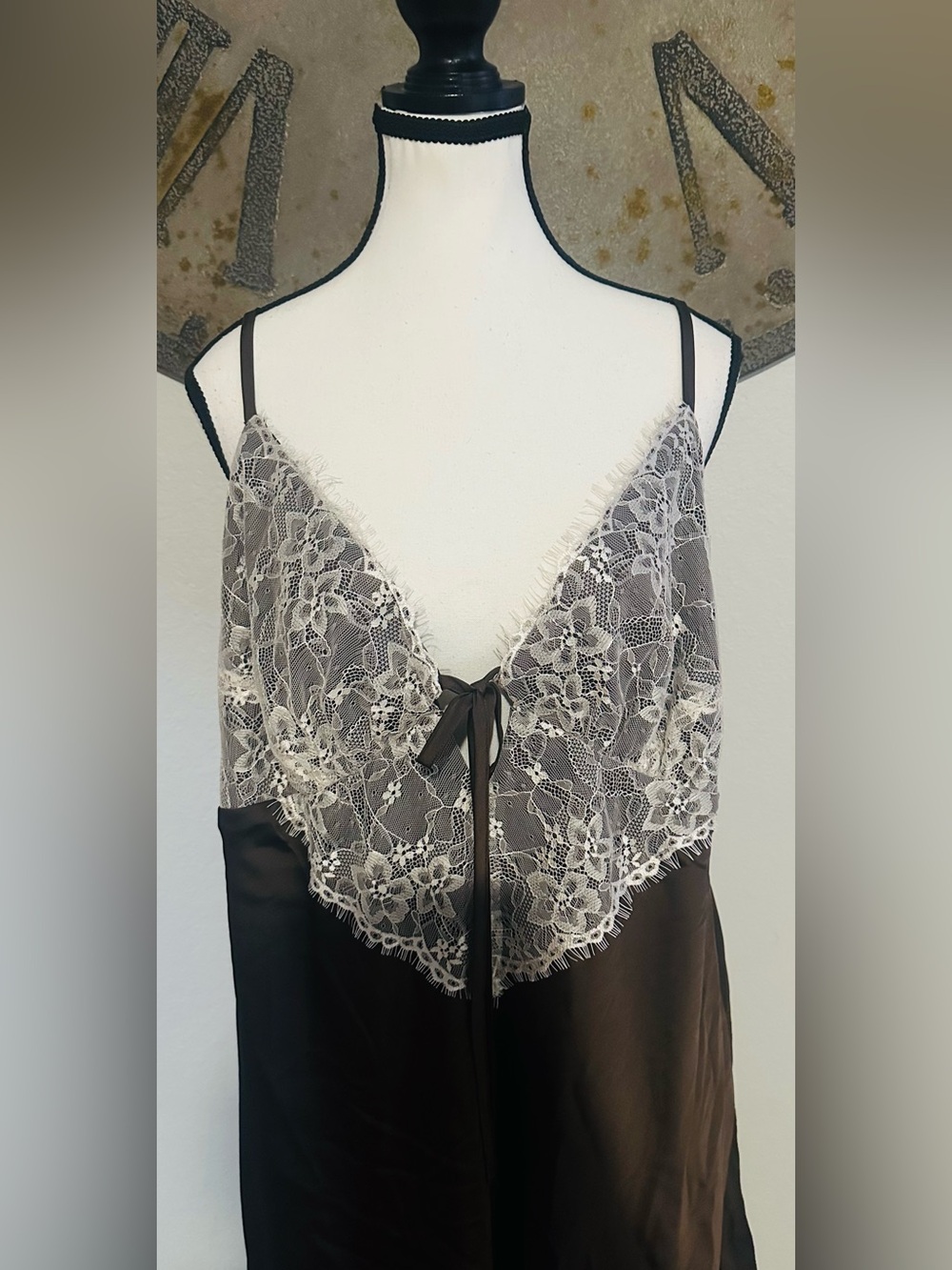 Lace-Trim Satin Slip Dress- Brown and White - Picture 2 of 3